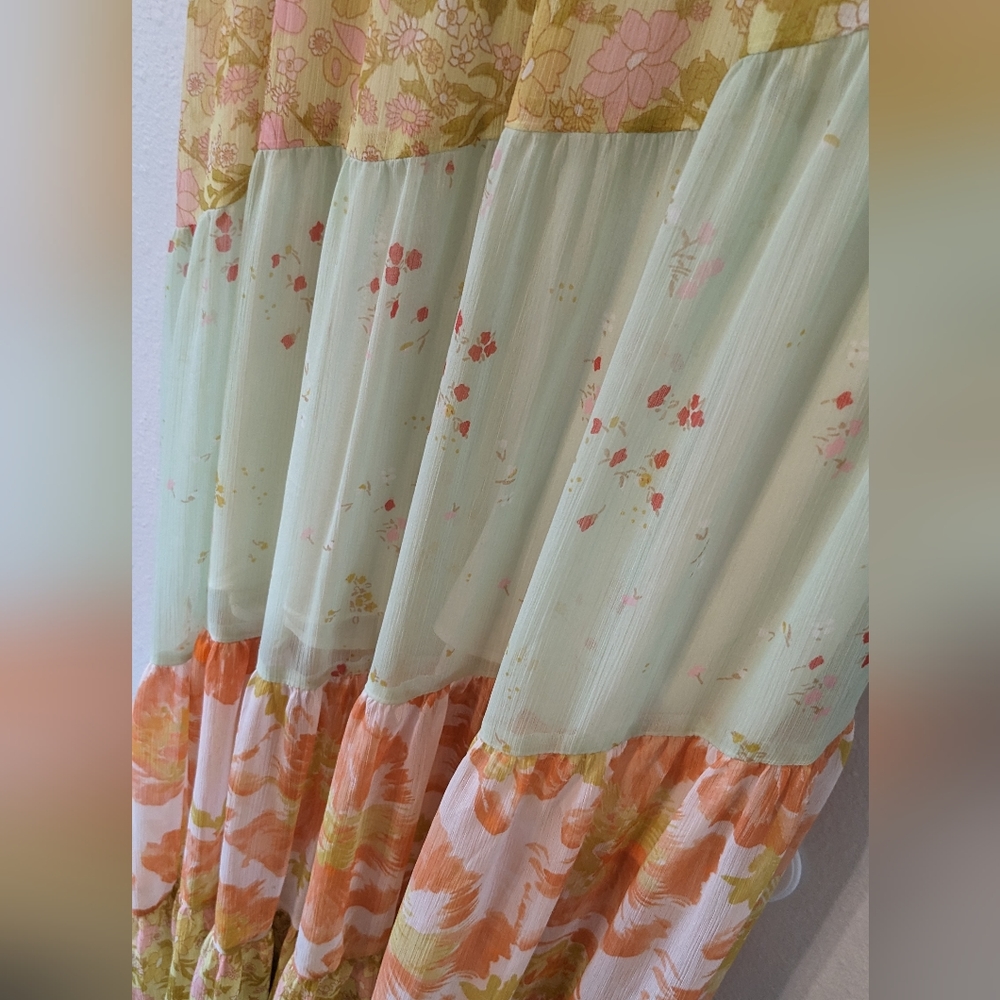 Free People Diagonal Tiered Floral Maxi Dress in Mint, Peach & Yellow - Picture 4 of 15